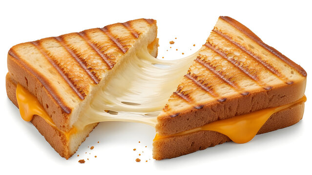Grilled cheese sandwich with glossy melted cheese pull. Isolated on White background