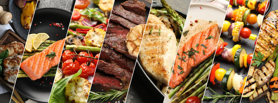Collection of delicious grilled vegetables, meat and fish