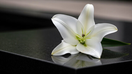 White flower placed on dark stone surface, honor and respect.