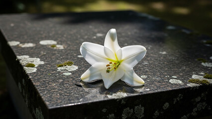 White flower placed on dark stone surface, honor and respect.