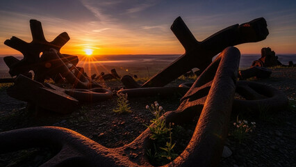 Rising sun casting long light across broken iron forms, hope and abolition.