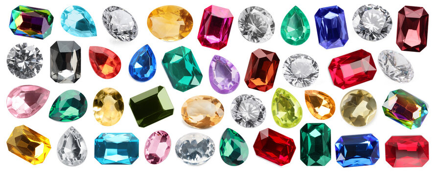 Set of bright gemstones isolated on white