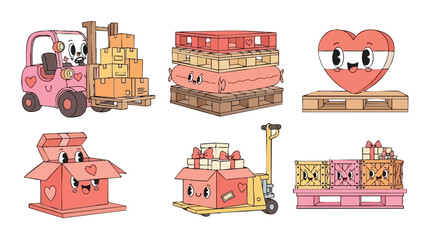 Naklejka premium Cute pink forklift and pallet jack with heart and gift boxes delivery vector illustration for logistics and shipping concepts 