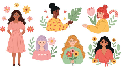Diverse women holding flowers and leaves in cheerful spring garden scene with colorful plants and blossoms 