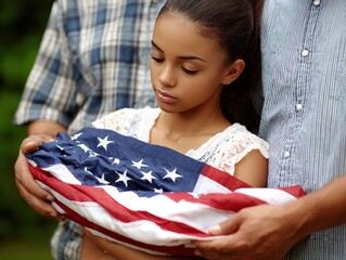 Family holding folded american flag honoring veteran sacrifice