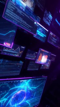 Neural network optimization and quantum computing milestones shown on floating windows. Panning shot of futuristic data interface.