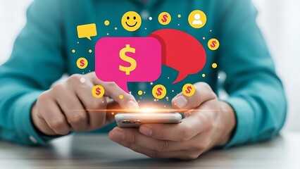 Person holding smartphone with digital money and chat icons