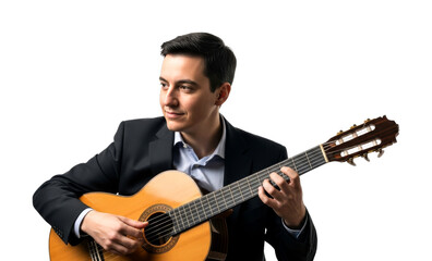 Obraz premium Man playing classical guitar, elegantly dressed, performs a beautiful melody with focused expression and skilled hands, showcasing his passion for music.