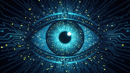 A detailed blue human eye with digital circuit patterns and glowing data points, representing advanced technology and artificial intelligence.