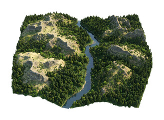 Miniature mountainous forest river landscape model showcasing a detailed natural environment with lush green trees, rugged terrain, and a winding blue river.