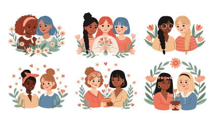 Fototapeta premium Diverse Women Friendship Vector Illustration with Floral Elements Representing Unity and Support in Various Skin Tones and Hairstyles 