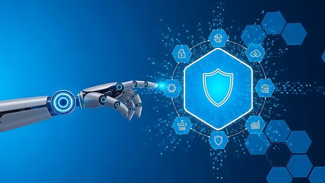 Robot hand touching cyber security shield with binary code background - Powered by Adobe