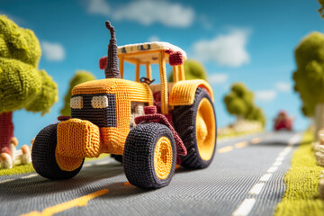 Crocheted yellow heavy duty tractor driving along country road on sunny day, getting ready to plow field. 