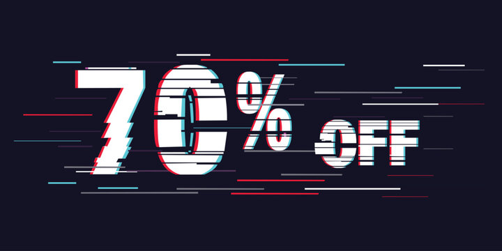 Print70% off vector discount banner with modern glitch effect typography. Futuristic digital distortion style price tag for tech sales, gaming promotions, and cyber monday retail marketing offers. - Powered by Adobe