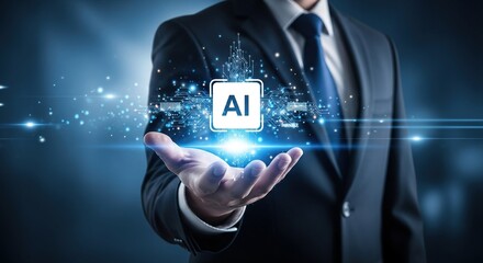 Businessman holding a glowing AI icon in his hand, representing artificial intelligence and technological innovation.