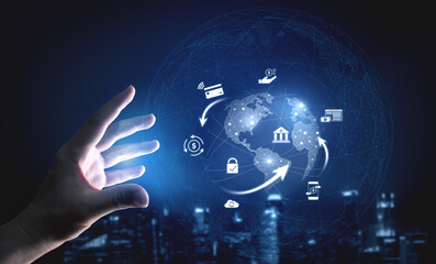 Worldwide digital payment network showing secure financial transactions. Digital payment supports transfer, digital payment ensures security, boosts convenience, drives global finance. Vouch