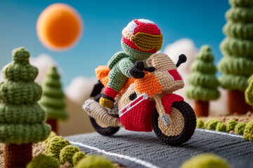 Cool crocheted fast motorbike riding on the mountain road on a sunny day. Biker riding sport motorcycle in the mountains.