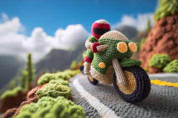 Crocheted fast motorbike riding on the mountain road. Motorcyclist riding sport motorcycle in the mountains.