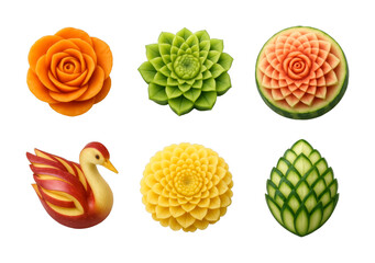 Exquisite fruit and vegetable carvings showcase intricate culinary artistry and skill, transforming fresh produce into beautiful decorative pieces.