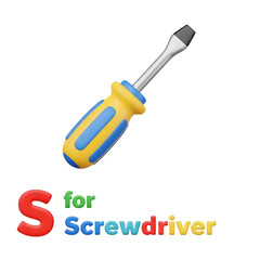 3D icon of a simple yellow and blue screwdriver, stylized manual hardware tool with letter S for screwdriver educational alphabet graphic