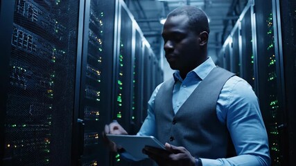 Diligent Black IT Specialist Inspecting Server Racks in Data Center