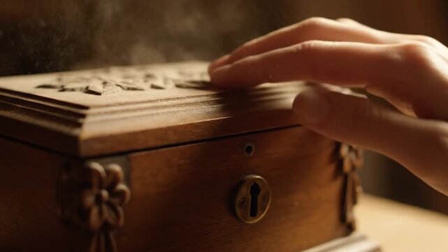 Touching an Old Carved Wooden Box and Disturbing Dust