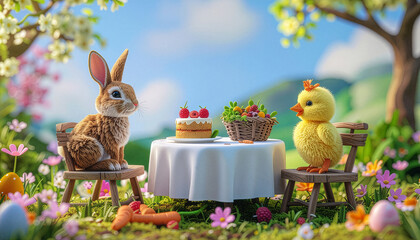 Cute fluffy bunny and chick having an Easter picnic with cake in a sunny spring garden