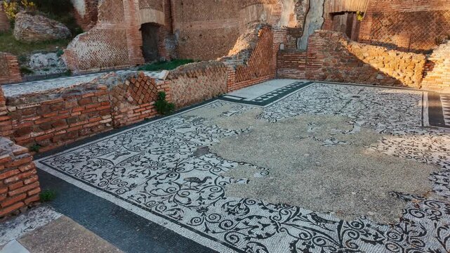 The mosaics of the House of Bacchus and Ariadne or Caseggiato di Bacco e Arianna in Ostia Antica, the old port of Rome, Lazio, Italy, dating back to the 7th century BC