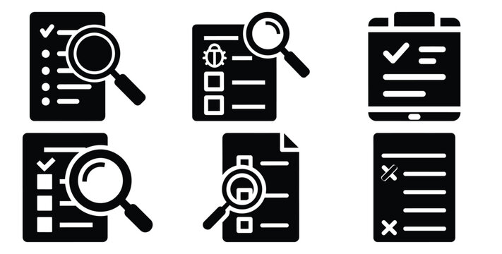 A black silhouette of a  bug tracking list icon set. Simple graphic element.