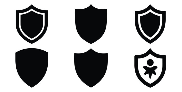 A black silhouette of a  brand identity shield icon set. Simple graphic element.