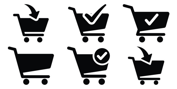 A black silhouette of a  checkout process cart icon set. Simple graphic element.