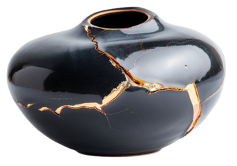 A ceramic vase fragment is displayed featuring a gold kintsugi repair. The fragment shows cracks filled with gold. It is set against a transparent background, highlighting its unique design