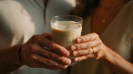A couple s hands hold a glass of creamy drink in soft golden hour sunlight suggesting togetherness and shared moments