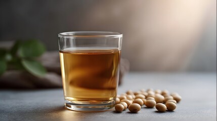 A clear glass filled with golden soybean extract sits beside a pile of raw soybeans on a textured surface with soft diffused lighting