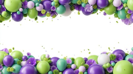 A festive display features various sizes of balloons and flowers in shades of green purple and white. This decoration is suitable for celebrations and special events.