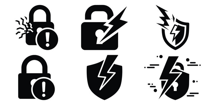 A black silhouette of a  cyber attack warning icon set. Simple graphic element.