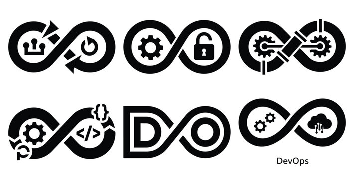 A black silhouette of a  devops infinity loop icon set. Simple graphic element.