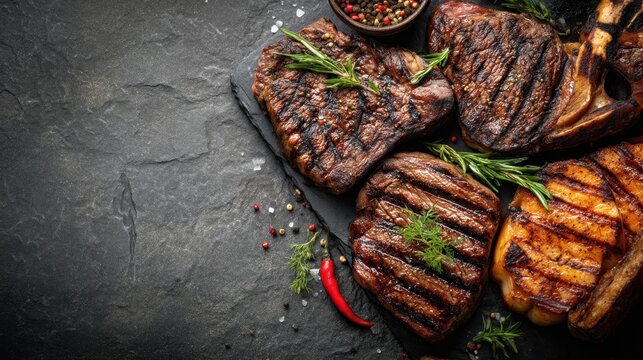 Various types of grilled meats are arranged on a dark stone surface. Spices and fresh herbs are added for flavor. This setup is ideal for a summer gathering or barbecue.