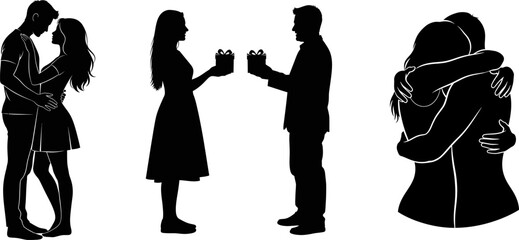 Couple embracing gifting and hugging silhouettes collage romantic theme