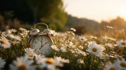 A round clock is placed on grass surrounded by white flowers. The sunlight shines on the flowers creating a warm feeling in the late afternoon. The scene shows a clear and bright day.