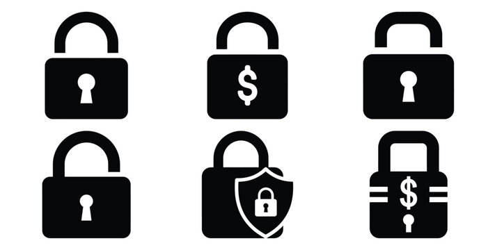 A black silhouette of a  payment gateway lock icon set. Simple graphic element.