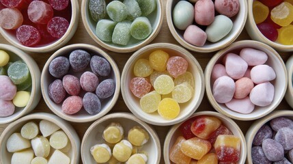 Assorted colorful sugary candies in bowls displayed overhead
