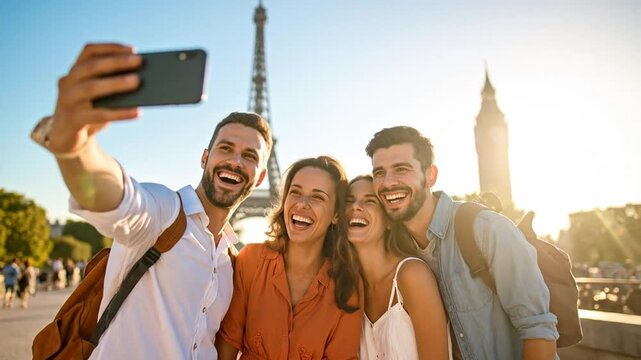 Friends Taking Selfie in Paris with Eiffel Tower