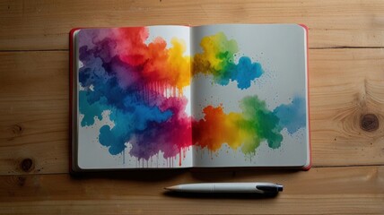 Creative Notebook Flat Lay with Rainbow Watercolor Clouds Art on Wooden Surface