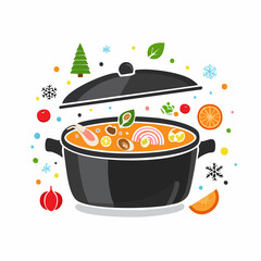 A vibrant illustration of a black pot filled with orange stew surrounded by festive decorations