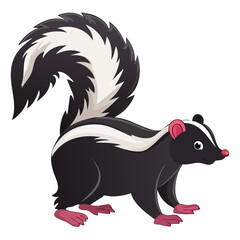 A cartoon skunk with a raised tail standing on its hind legs in a defensive stance against a plain white background