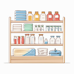 A vector illustration of a wooden shelf with various household items and kitchen supplies organized neatly on multiple levels