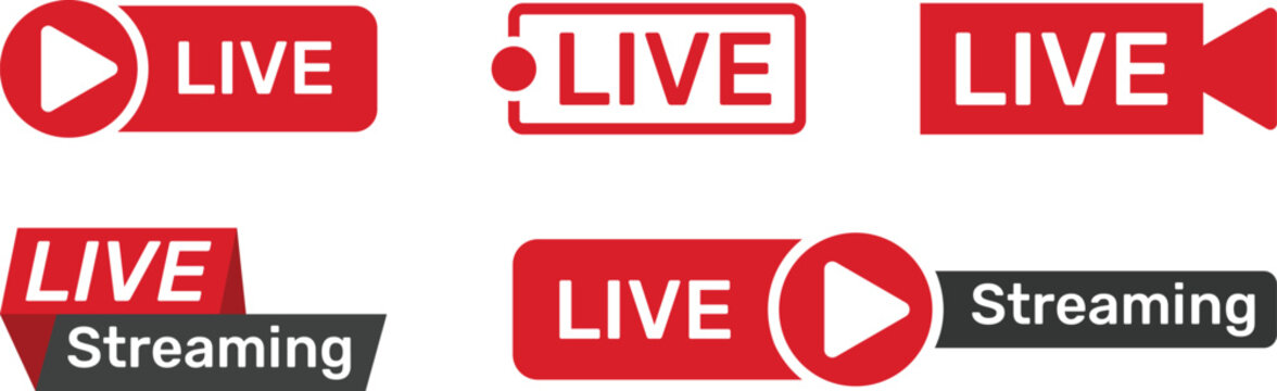 Live and live streaming vector icon set of red color on transparent background.