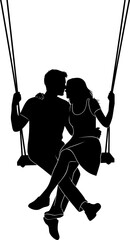 Romantic couple sitting on garden swing silhouette outdoor park