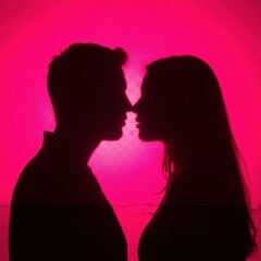 Man and woman silhouette close up facing each other implying intimacy. Love and romance concept for Valentines Day.